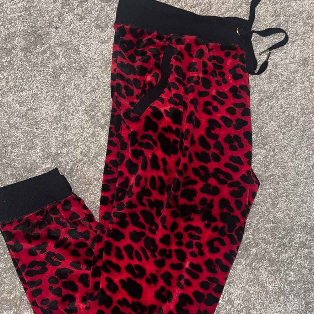Red and Black Leopard Print Velour Jogger Pants